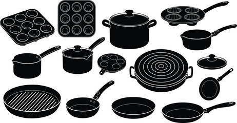 Cookware silhouette icon set, black vector kitchen tools, pots pans trays clipart, culinary utensil collection, baking and cooking illustration