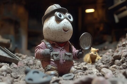 Funny cartoon clay detective searching underground rubble AI generated
