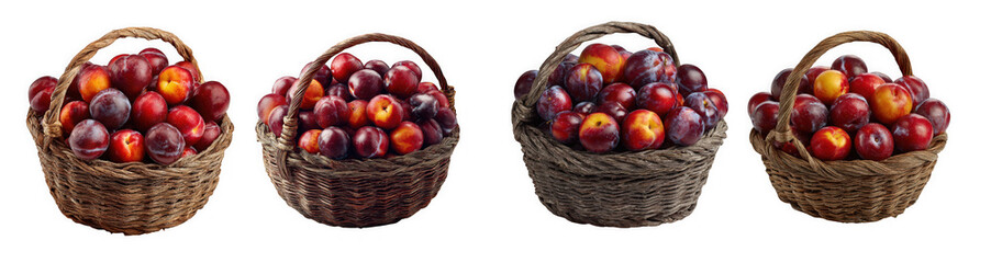Four woven baskets filled with ripe plums, isolated on transparent background