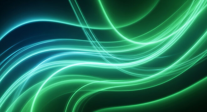 Abstract blue and green neon light trails creating a dynamic and futuristic background, ideal for technologythemed designs, offering a sense of speed, energy, and modern innovation with vibrant colors - Powered by Adobe
