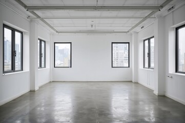 Empty workspace featuring white walls, concrete flooring, multiple lamps, and windows overlooking a blurred urban scene in a corner.