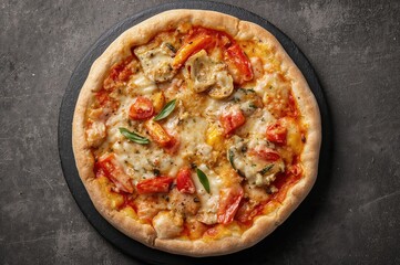 Tasty vegetable pizza with cheese featuring peppers, tomatoes, artichokes, and zucchini baked in a wood-fired oven, presented on a slate board in a close-up horizontal shot.
