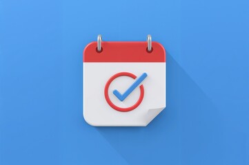 Daily planner with a checked date and an active notification. Task organizer showing completion with a tick mark. Cartoon style isolated on a blue backdrop.