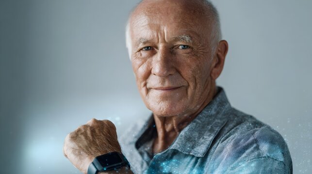 Elderly man wearing a modern smartwatch on his wrist looking forward with a slight smile embodying health technology and connected well being
