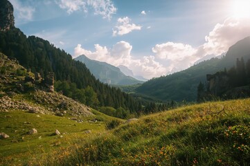 Fototapeta premium Scenic mountain park with lush grass and rocky terrain