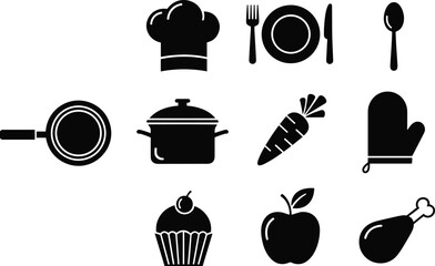 Kitchen and food icon set, black silhouette vector, chef hat, cooking tools, utensils, ingredients, culinary clipart, meal preparation symbols