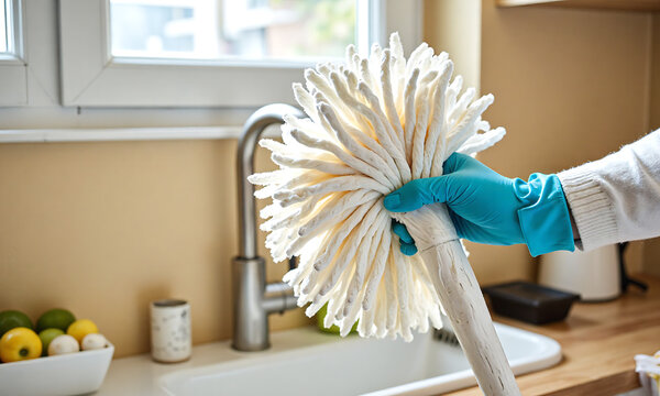 ght blue hand holding worn white mop set warm beige kitchen backdrop soft morning sunlight streaming window