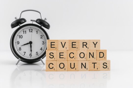 Concept of time importance shown with wooden blocks on a clean white surface alongside a black clock. Business and motivation theme emphasizing time value.