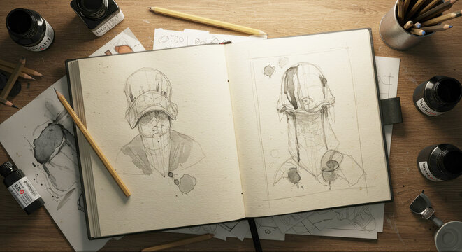 Artist's sketchpad reveals character studies with ink and pencil on wood desk