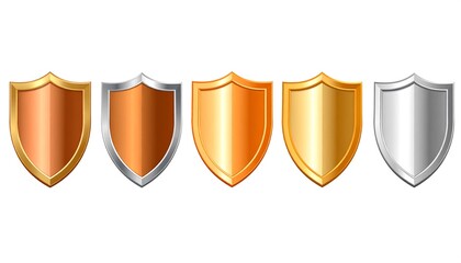 Four metallic shields in copper, gold, and silver