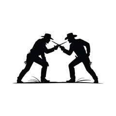 Naklejka premium Cowboy silhouette duel intense standoff western scene illustration