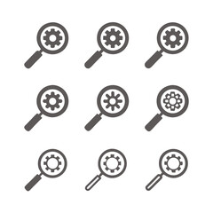 Gray Magnifying Glass with Gears Set Icons on White Background