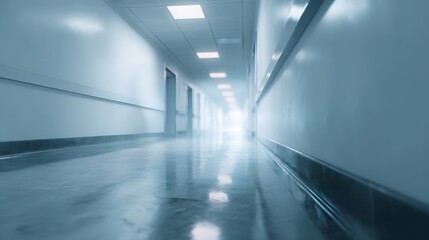Fototapeta premium A long bright sterile hospital corridor stretches into the distance with a vanishing point of light