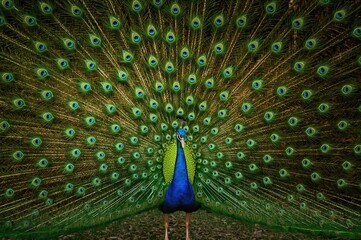 Obraz premium Vibrant peacock displaying its colorful plumage in full spread
