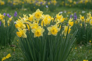 Obraz premium A vibrant meadow filled with blooming yellow daffodils in springtime.