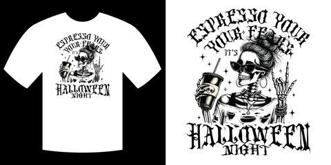 Espresso Your Freaks Halloween Night T-shirt Design: A unique graphic design showcases a fashionable skeleton adorned with stylish sunglasses.