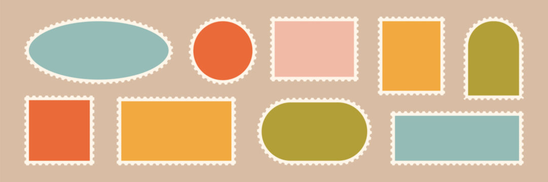 Empty stamp shape retro label collection. Postage stamp set isolated vector. Scalloped edge postal frame. Postal rectangle oval square circle sticker template