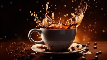 Coffee splash in a white cup with coffee beans around