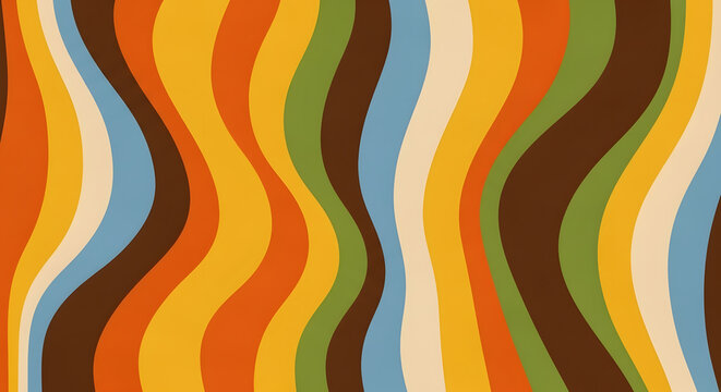 A groovy seamless background with colorful vertical wavy stripes in a 1970s retro style