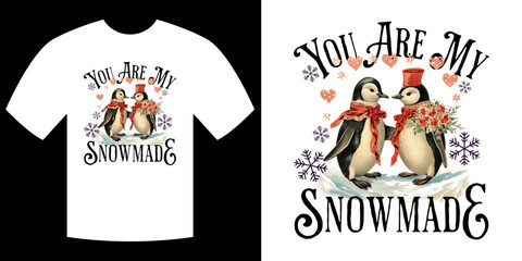 Snowmade T-shirt Design: A heartwarming and creative design featuring two penguins, symbolizing love and companionship, set against a snowy backdrop, perfect for expressing affection.