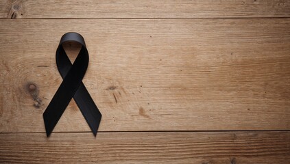 Dark ribbon laid flat on a wooden surface, aerial perspective.