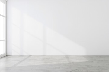3D rendered mockup featuring a plain white wall with a window and a concrete floor