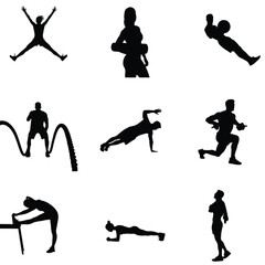 Silhouette collection showcasing diverse fitness activities including jumping jacks planks stretching and weightlifting for health and wellness promotion