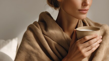 Woman wrapped in blanket holding cup of tea