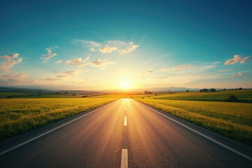 Naklejka premium Desolate highway bathed in afternoon sunlight with clear sky and green fields