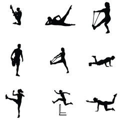 Silhouettes of people exercising stretching and doing physical activity for fitness health and wellness on a white background in a vector style