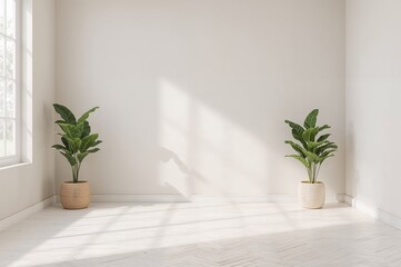 Bright empty room with natural light, cozy atmosphere, indoor plants, and adaptable layout for work and relaxation. 3D visualization.