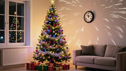 A beautifully lit Christmas tree with vibrant decorations, surrounded by presents in a cozy living room. - Powered by Adobe