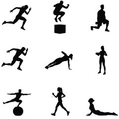 Silhouettes showcase diverse fitness activities including running jumping planks yoga and weightlifting for a healthy lifestyle concept