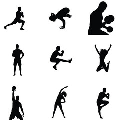 Diverse fitness silhouettes showcasing various exercises including stretching weightlifting yoga and dynamic movements for health and wellness