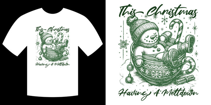 Christmas Snowman Meltdown T-shirt Design: Embrace the holiday spirit with a charming t-shirt design showcasing a whimsical snowman relaxing, enjoying a seasonal meltdown