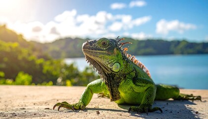 Green iguana basking in sunlight near water