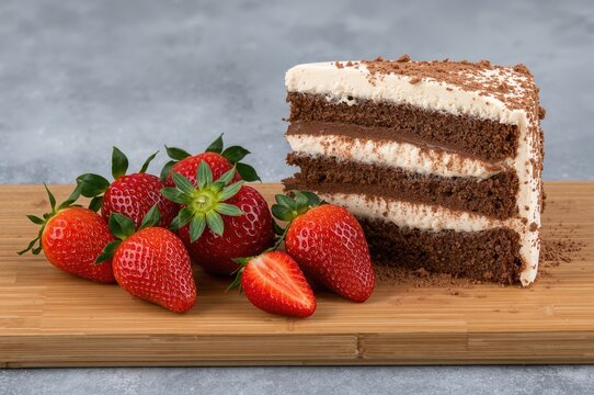 Organic strawberries on a wooden platter alongside a slice of rich chocolate mousse cake. Gourmet dessert presentation. Culinary arts. Food styling. Still life photography.
