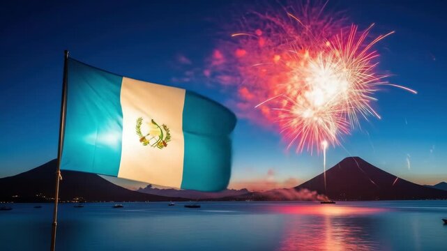 flag waving by serene lake atitlan with colorful fireworks in night sky. celebration with mountains silhouetted against twilight. national festival, tourism, travel guide. guatemala independence day