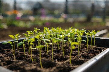 Young bell pepper plants in a seed tray ready for transplanting in a garden bed during spring farming activities
