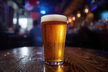 Foamy Beer Served in a Glass on a Rustic Wooden Surface. Celebration of Craft Brews. Close-up of Alcoholic Beverage in a Bar Setting.