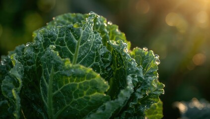 Close-up view of fresh green kale leaves covered with sparkling dew in sunlight