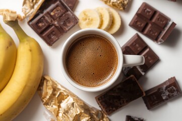 A detailed shot of an espresso cup accompanied by chocolate pieces and sliced bananas on a white backdrop