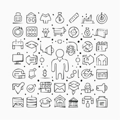 Fototapeta premium Comprehensive Hand-Drawn Doodle Icon Set Essential Business, E-commerce, Finance, and Accounting Concepts for Modern Digital Marketing and Web Design Solutions