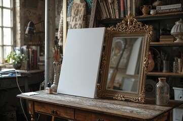 Obraz premium A table in an artistic studio holds a blank canvas alongside an ornamental mirror.