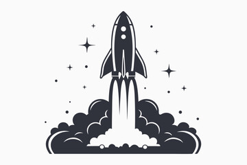 Rocket Launch with Smoke Clouds and Stars on White Background