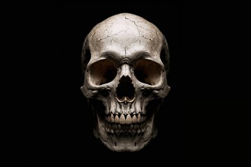 Fototapeta premium A pale skull featuring empty eye holes, defined cheekbones, and a smiling jaw, highlighted by fractures and dark shades, representing mortality and deterioration.