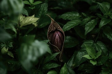 Close-up view of the uncommon arum berry nestled within shrubbery, abstract floral nature concept with leaves in a green garden setting