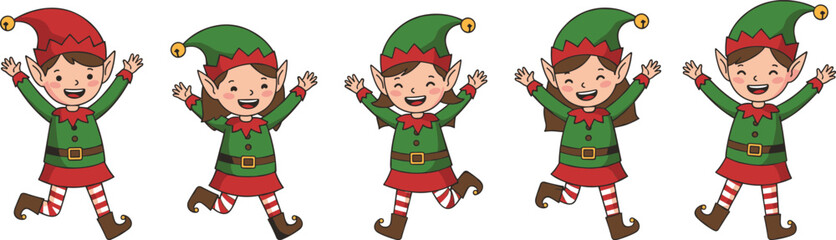 Cartoon illustration of happy Christmas elves, kids in festive costume, holiday celebration, winter season characters, cute children Santa helpers