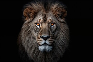 Fototapeta premium A high-contrast portrait of a majestic male lion with a glowing orange gaze in the dark, isolated on a black backdrop
