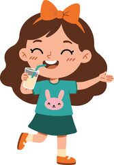 Happy little girl drinking juice with straw, cute cartoon child illustration, healthy lifestyle, smiling kid holding glass, playful childhood